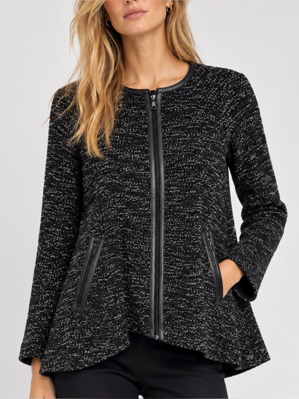 Alice + Olivia Emma Tweed Wool Mohair Coat with Genuine Leather Detail in Black